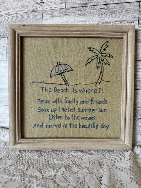 «Stitched Beach Themed Framed Quote Linen «The Beach Is Where I:» 9″x9″ Square