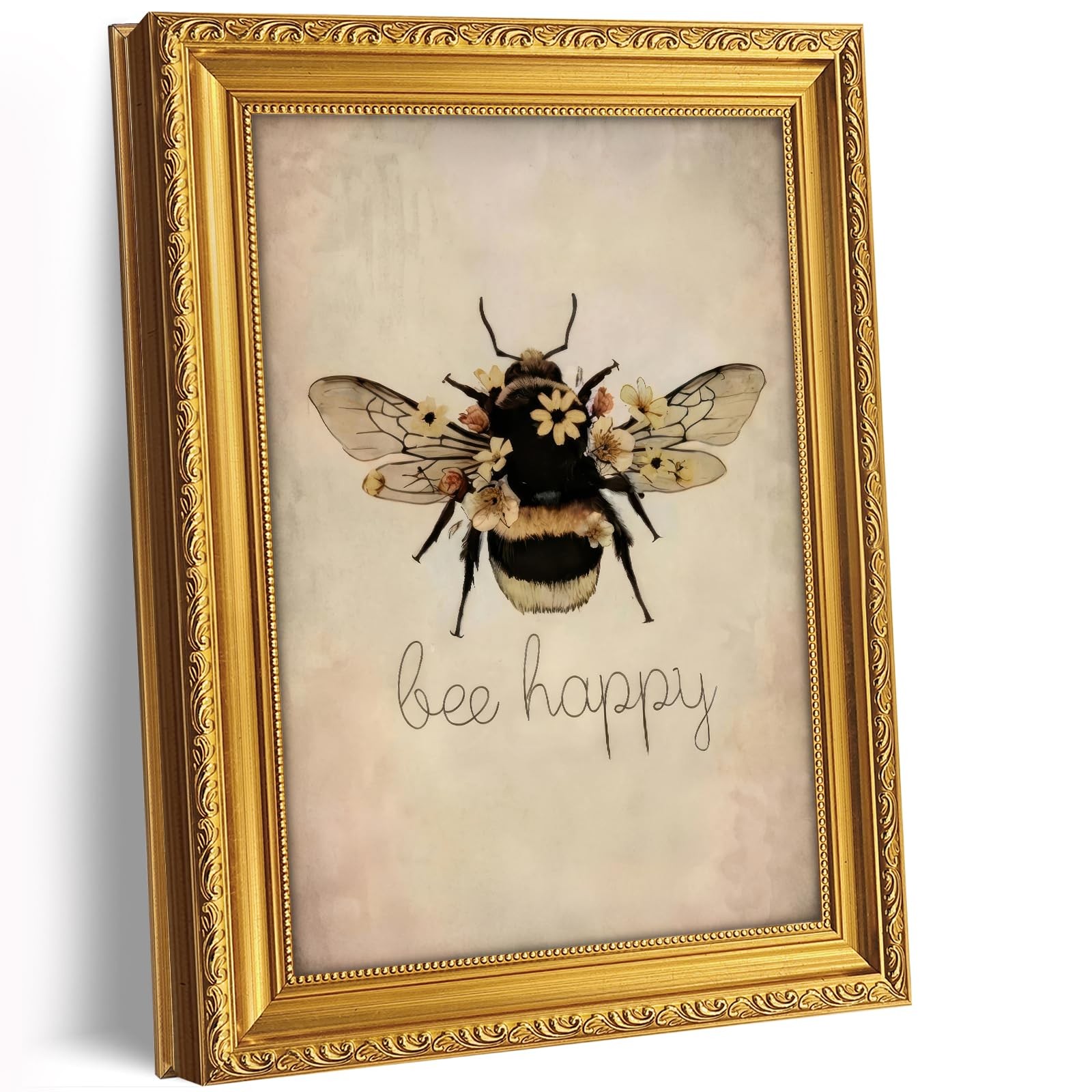 Gold Framed Bee Canvas Wall Art, Style Bee Happy Picture Wall Decor, Rustic B…