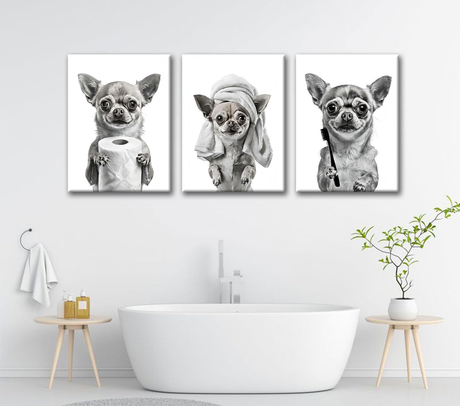 3 Pcs Funny Chihuahua Bathroom Canvas Wall Art Black and White Dog Poster Pri…