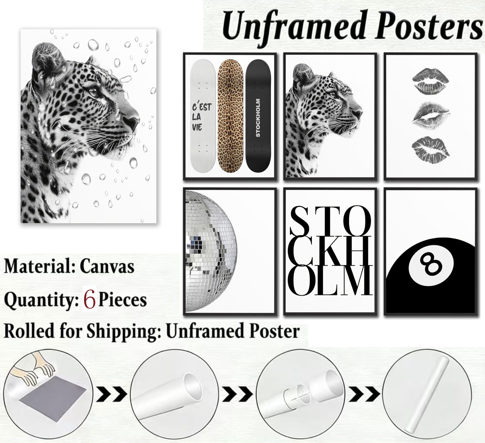 Set of 6 Stockholm Style Room Wall Art Black White Trendy Cheetah Canvas Post…