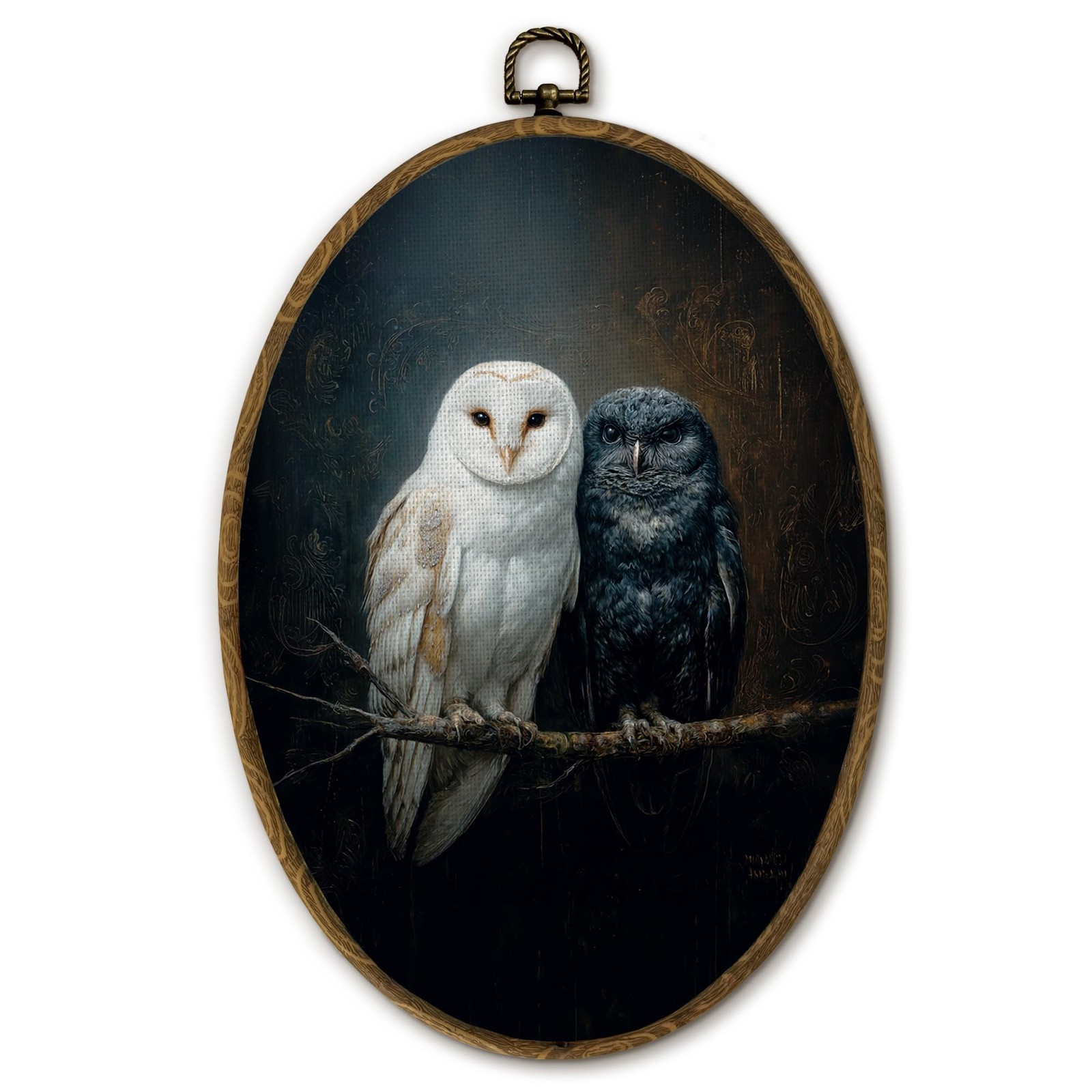 Vintage Gothic Owl Oval Wall Art Decor, Black and White Romantic Owl Canvas P…
