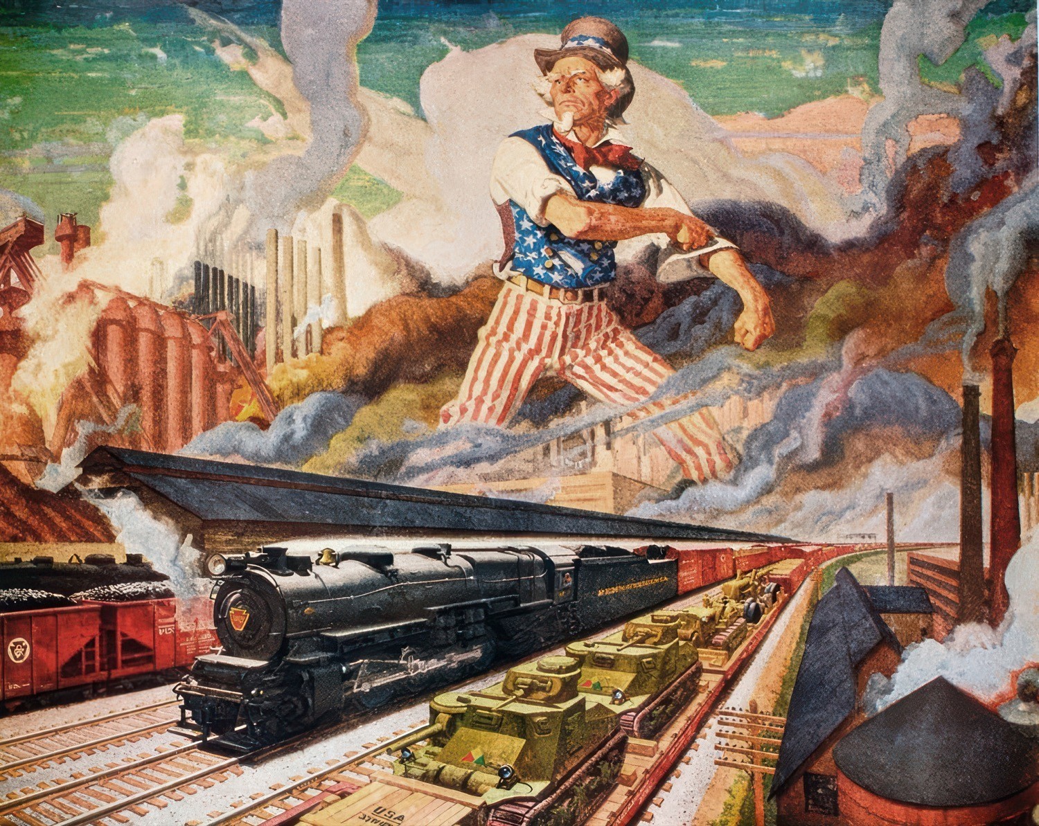 14469.Wall Decor Poster.Vintage Interior Art.WWII Uncle Sam Tank Train Patriotic