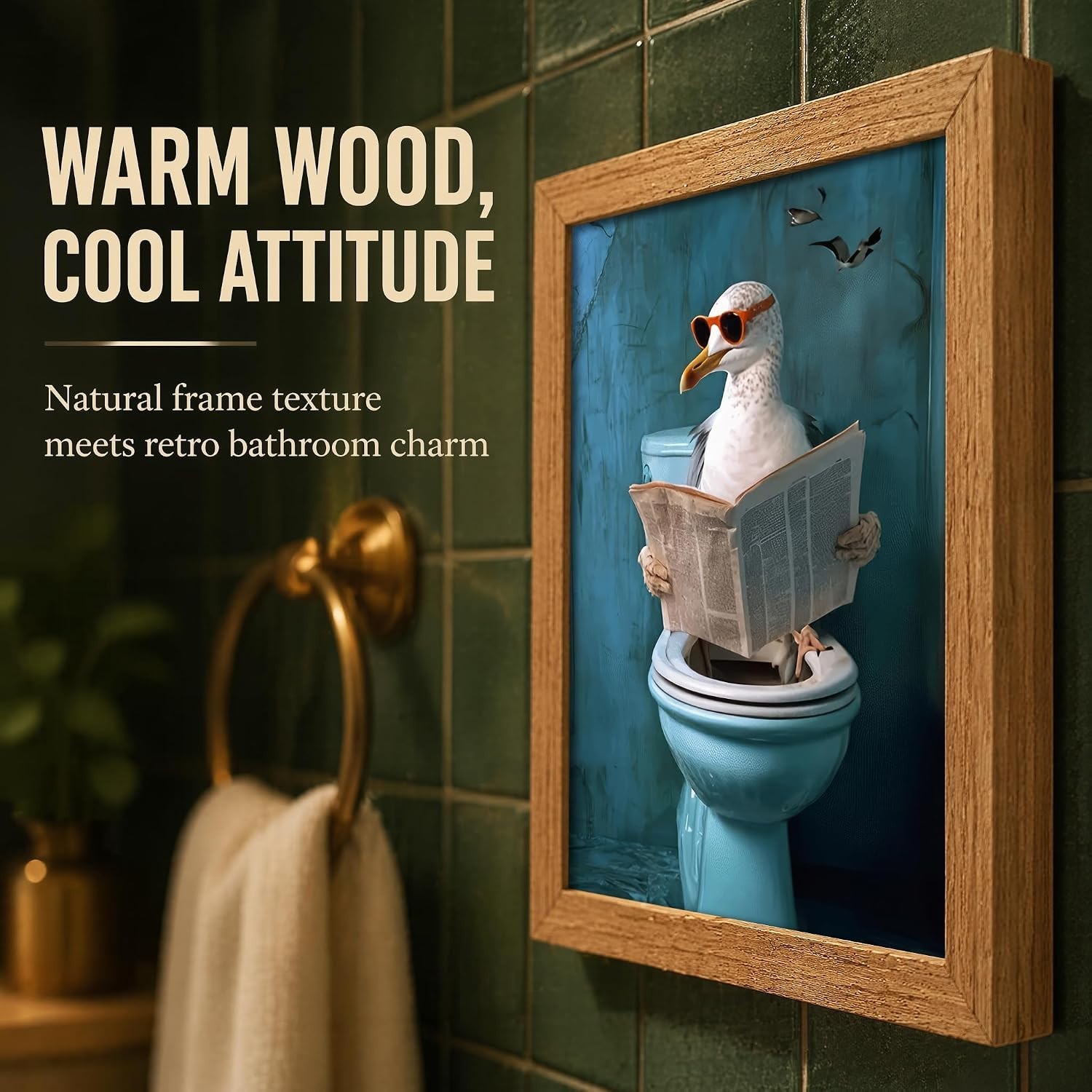 Unique Framed Bathroom Wall Art – Fun Seagull Reading Newspaper, 10×8