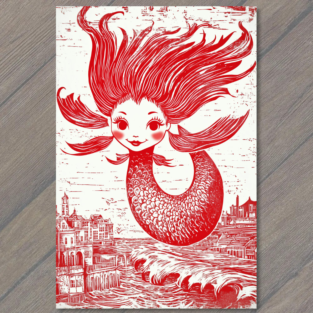 Art Print Whimsical Red Haired Mermaid Above Waves Vintage Inspired Cute Girl