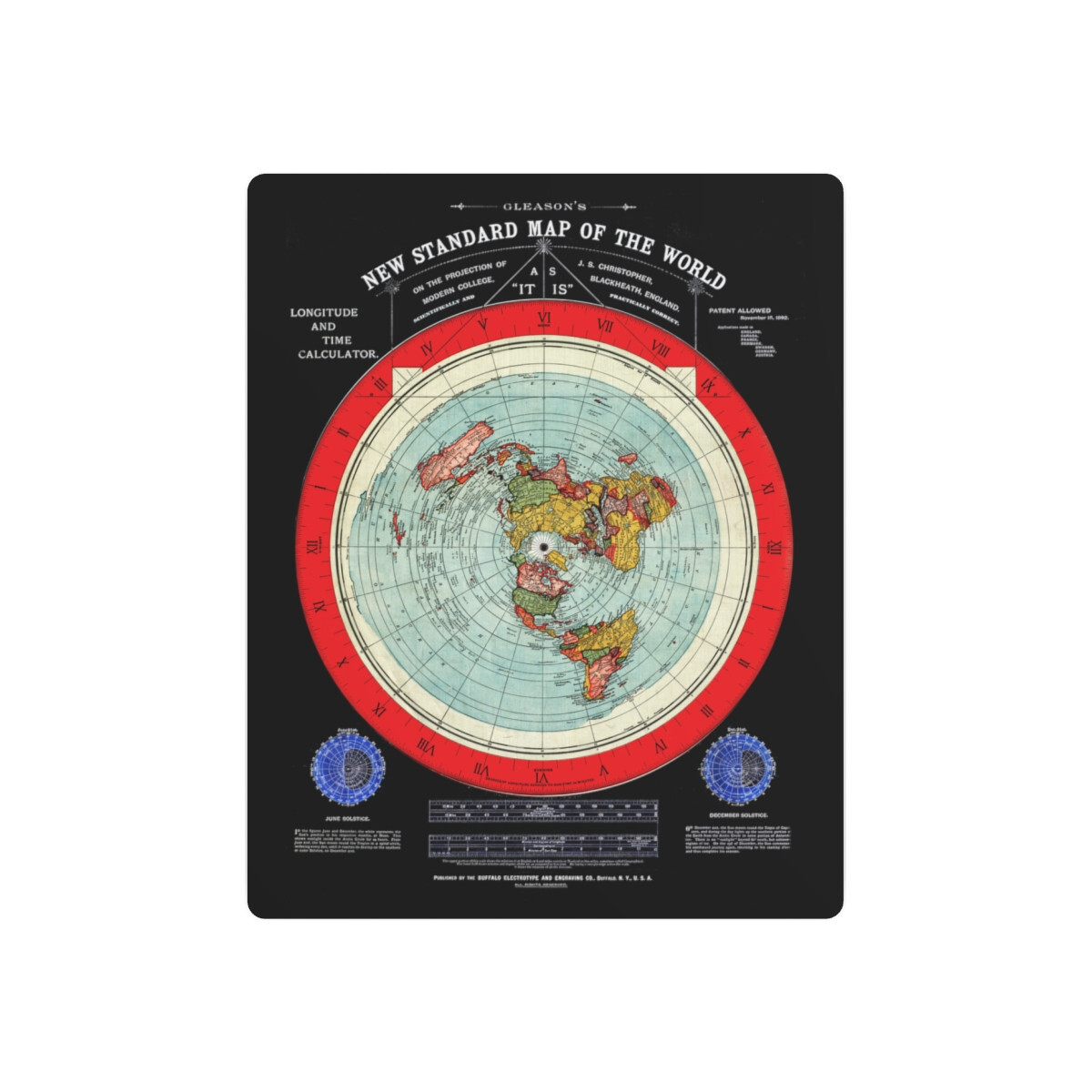 Gleason’s 1892 New Standard Map of the World Flat Earth Black Metal Art Sign