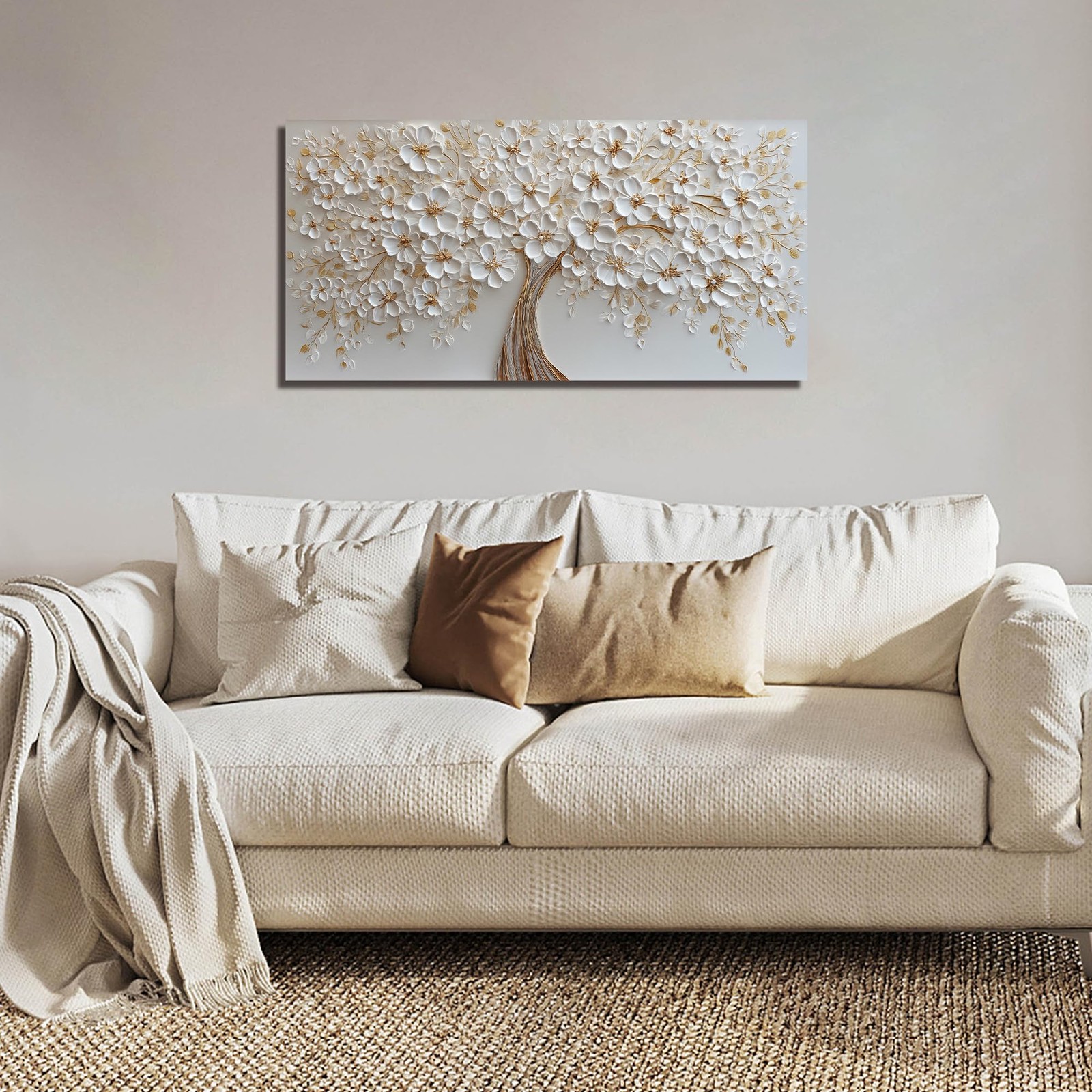 WVMAPTA Flower Pictures Wall Decor for Living Room White and Gold Wall Art fo…