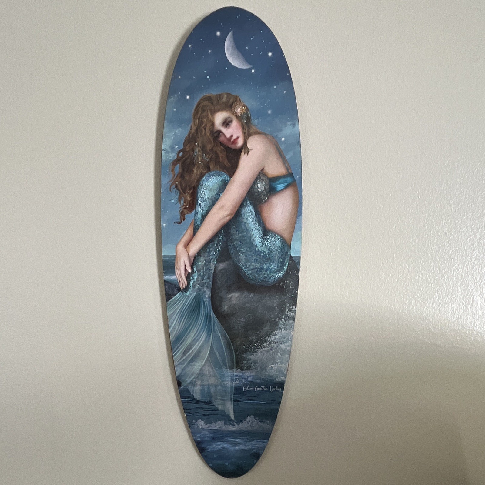 Mermaid Fantasy Wall Art, Vertical 25 in, Blue Beige Brown White Decor