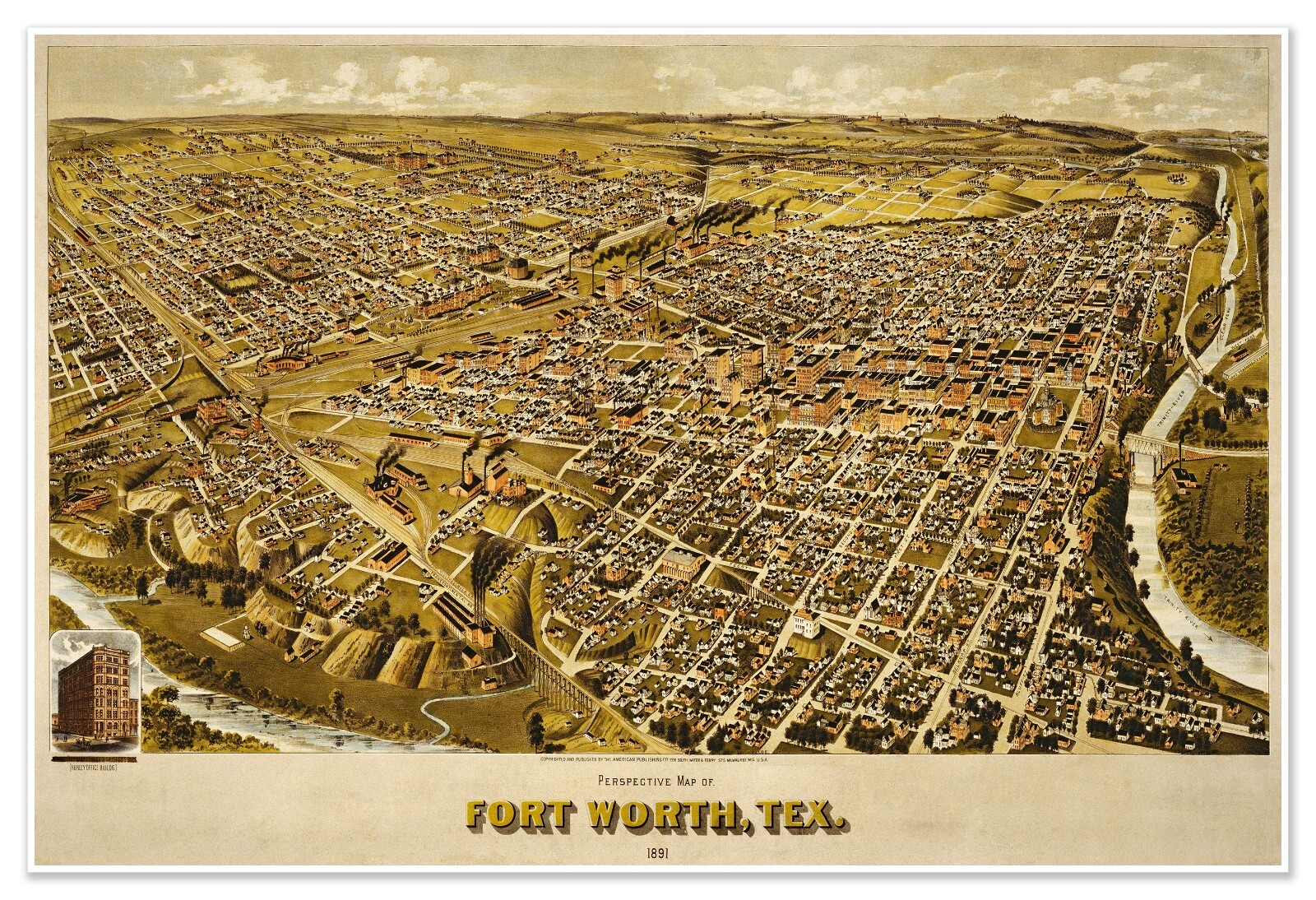 Fort Worth Texas Birds Eye View City Map circa 1891 Vintage Wall Decor Art Print