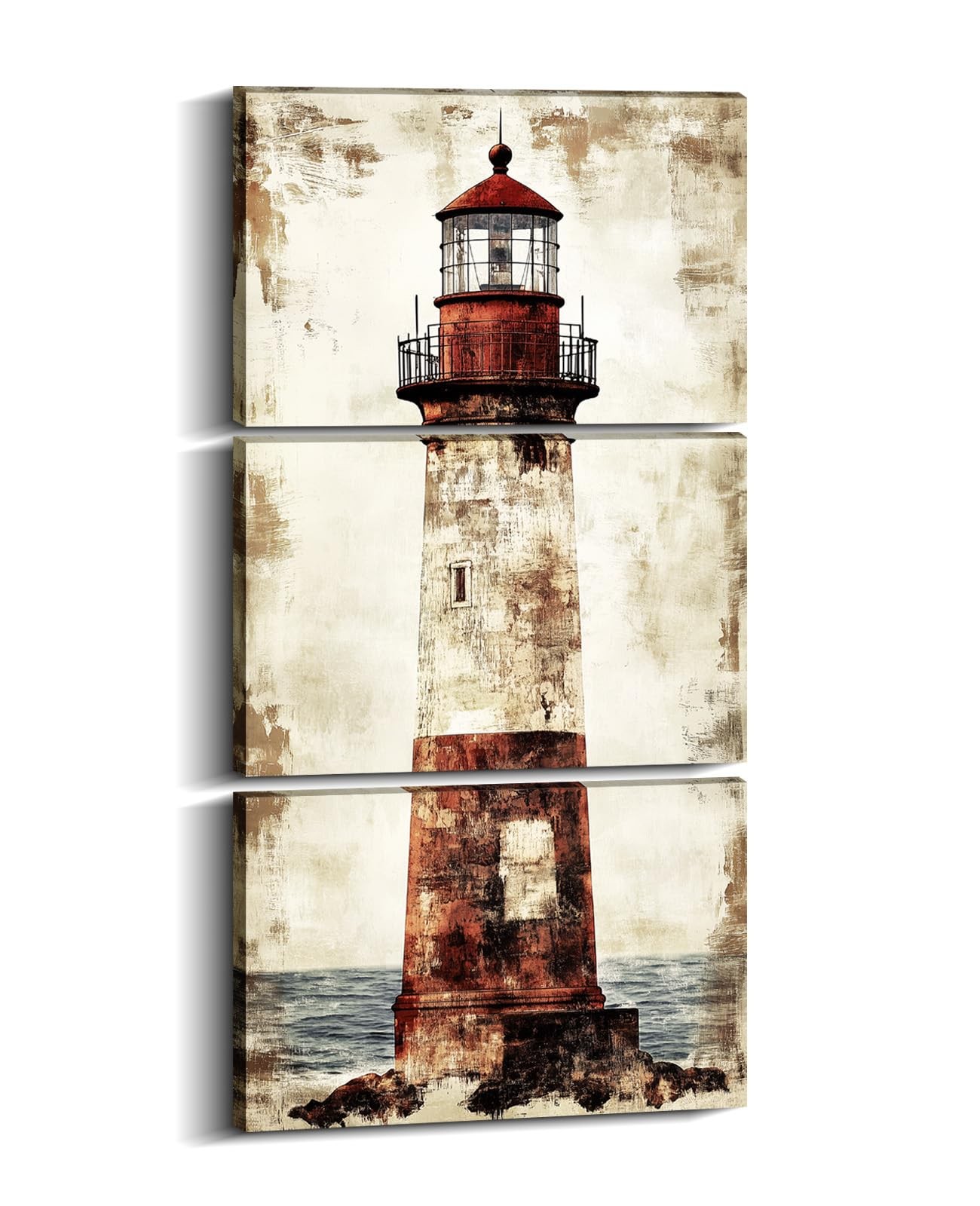 Lighthouse Canvas Wall Art 3 Piece Rustic Coastal Seascape Picture Red Prints…