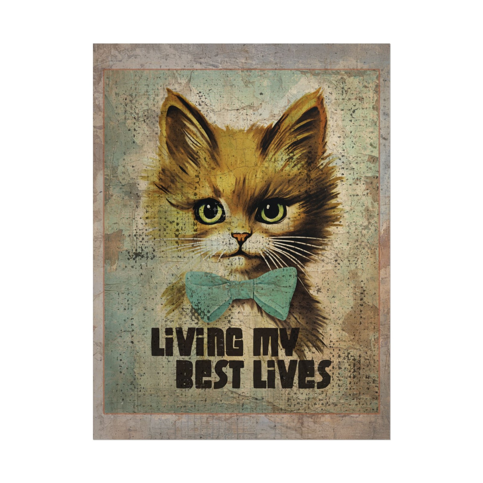 Vintage CAT Living My Best Lives Wall Art, Retro Kitten Decor, 9 Nine Lives Cat