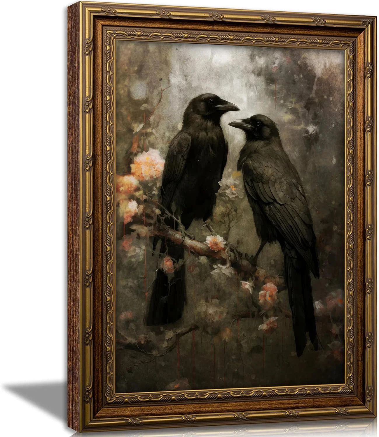 Vintage Gold Framed Crow Wall Art, Dark Academia Raven Canvas Prints, Gothic Flo