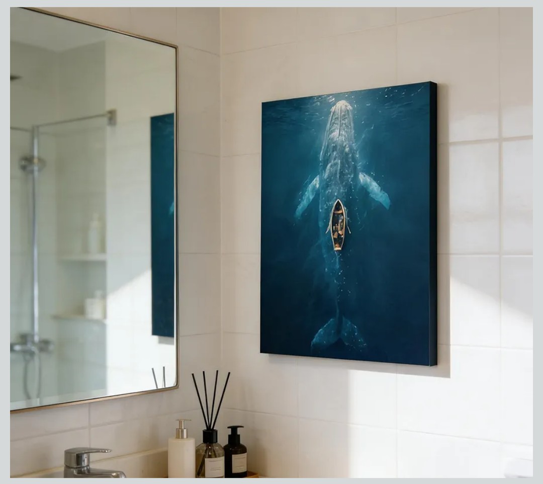 Vintage Giant Whale & Rower Canvas Wall Art 24×16 Nautical Ocean Ship Decor