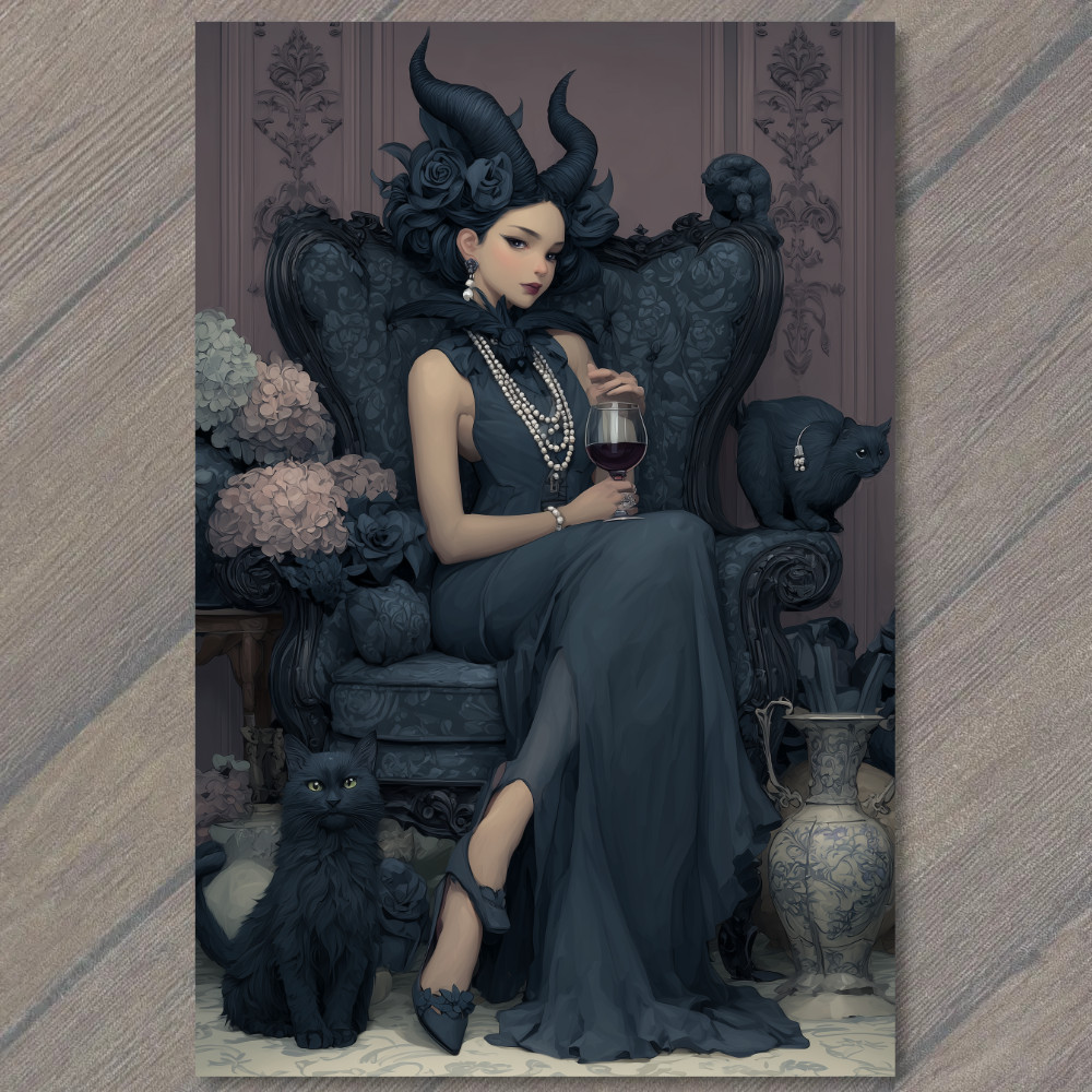 Art Print Woman Horns Dark Dress Black Cats Gothic Lounge Wine Pearls Moody