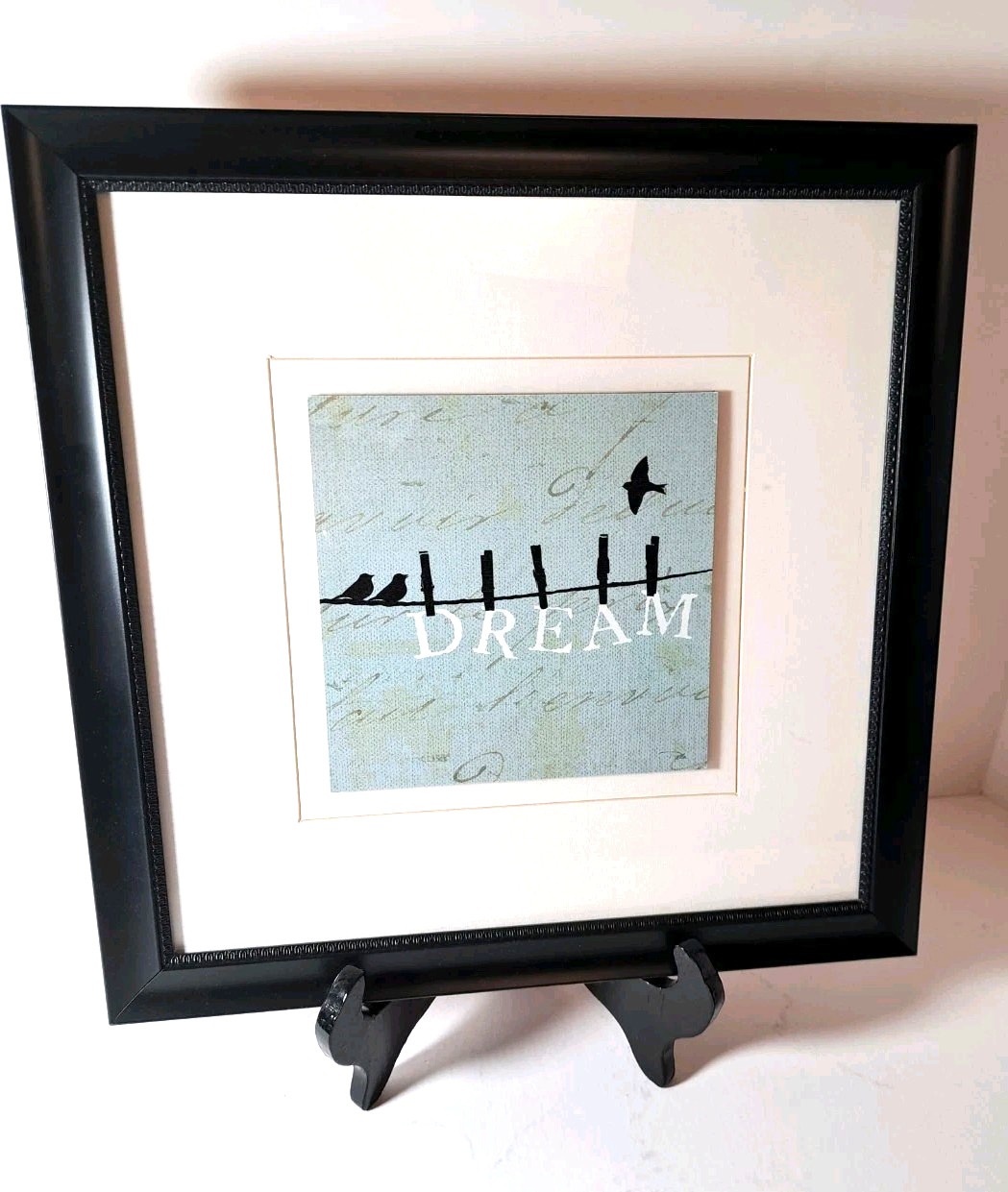 Dream Birds on a Wire Framed Wall Art 12 x 12 Blue Script Background Black Frame
