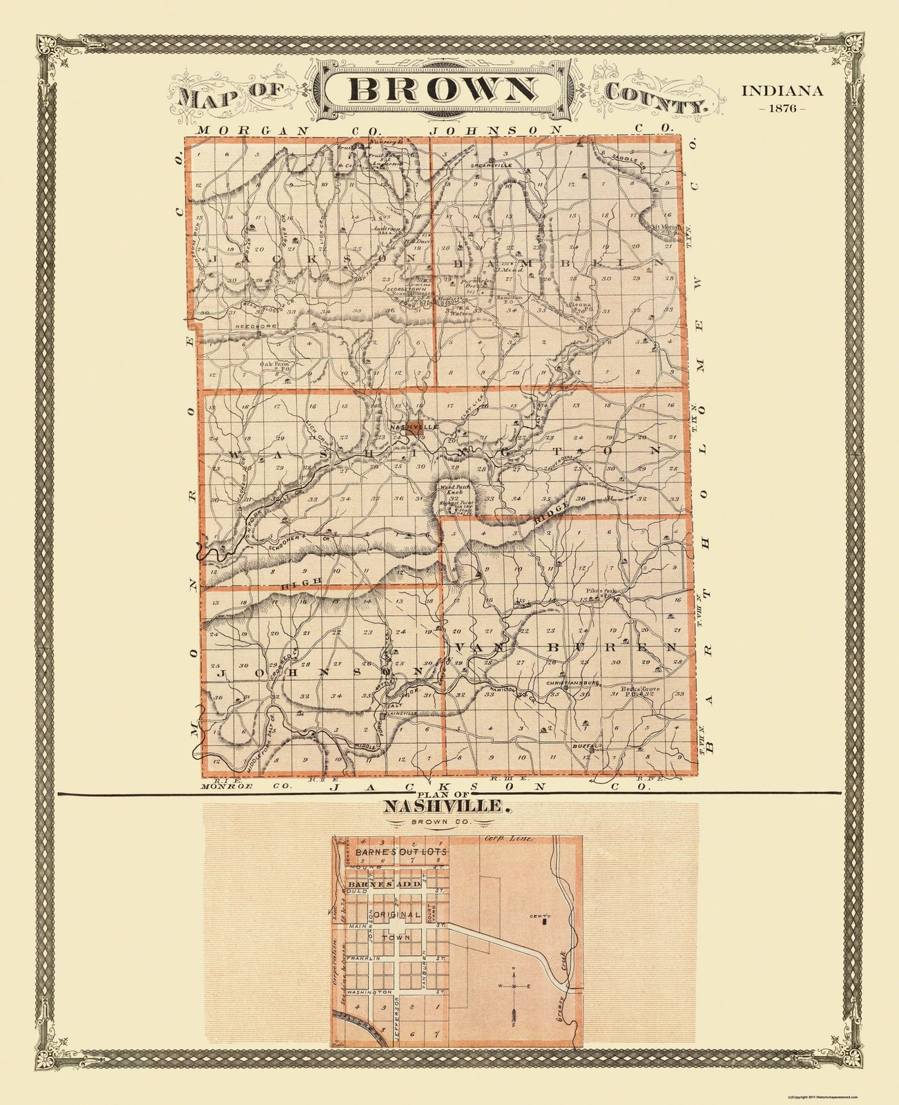 Historic County Map – Brown County Indiana – Andreas 1876 – Vintage Wall Art