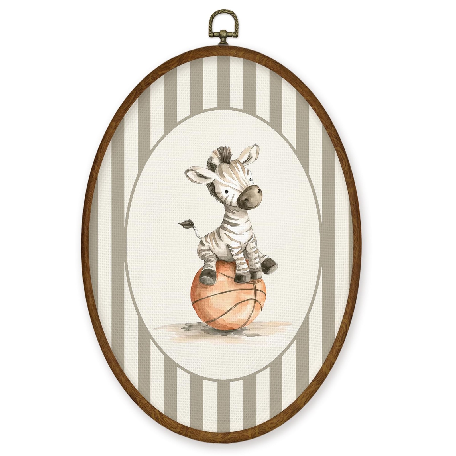 Vintage Zebra Basketball Nursery Wall Art Decor, Sports Oval Framed Canvas Ar…