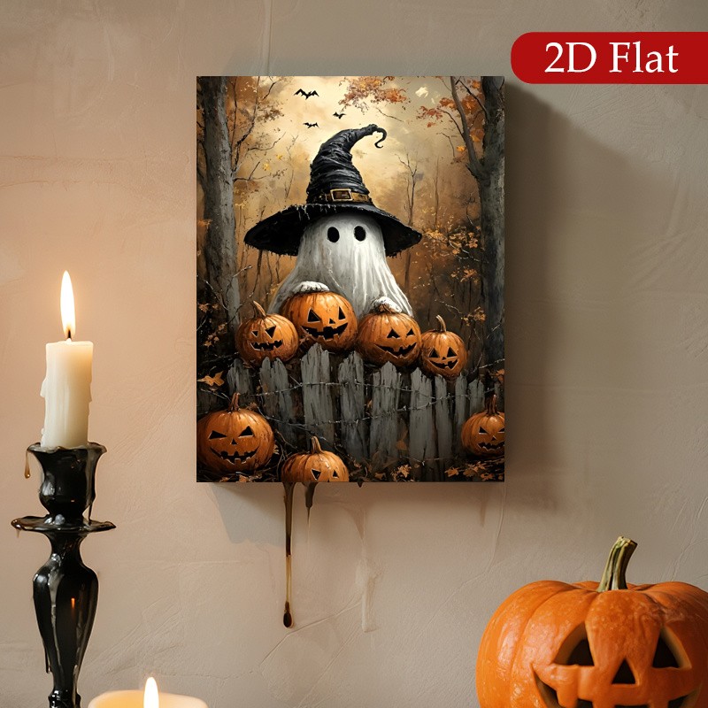 Ghost Witch Hat Pumpkin Halloween Framed Canvas,Vintage Spooky Forest Wall Decor