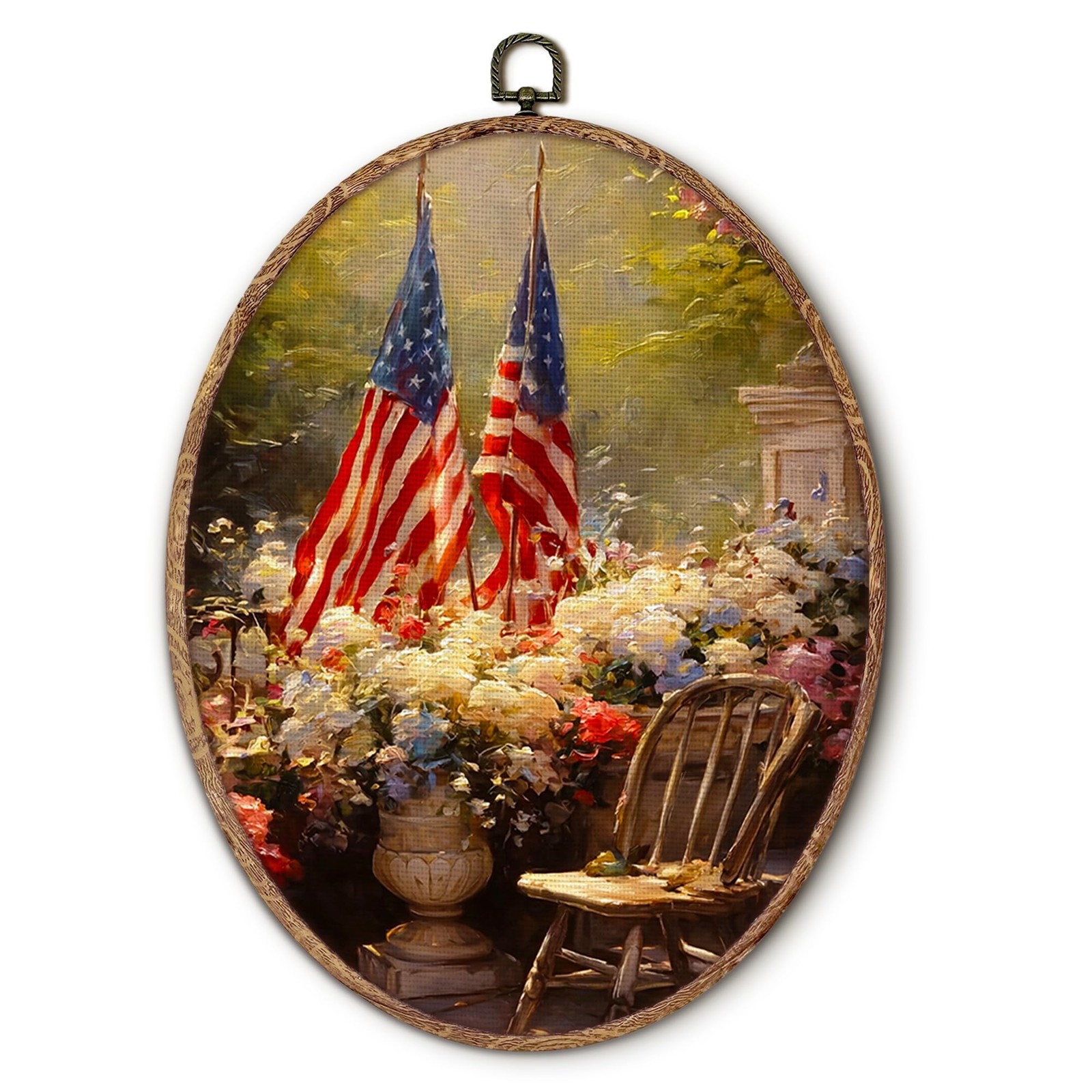 Patriotic American Flag Oval Wall Art Framed, 4th of July Wreath Oval Wall De…