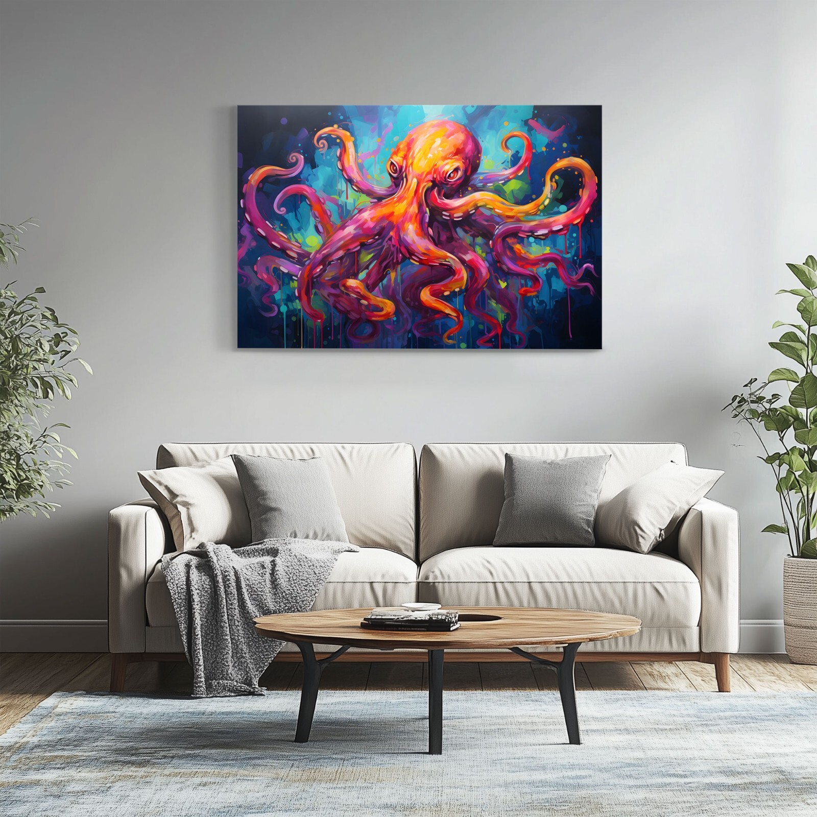 Colorful Octopus Oil Painting Print Framed Canvas Ocean Life Wall Art Decor Sea