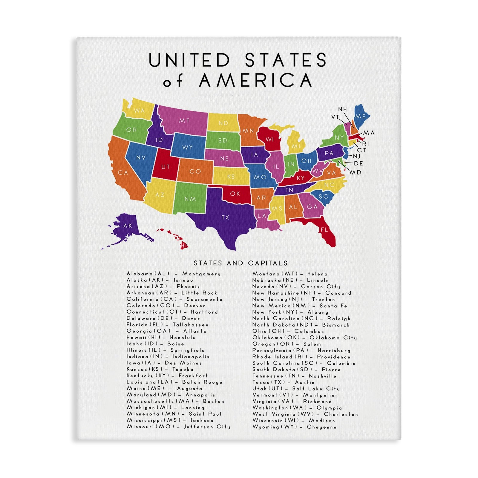 ‘USA Map State Abbreviations and Capitals Playful Tones’, Canvas Art, 24 x 30…