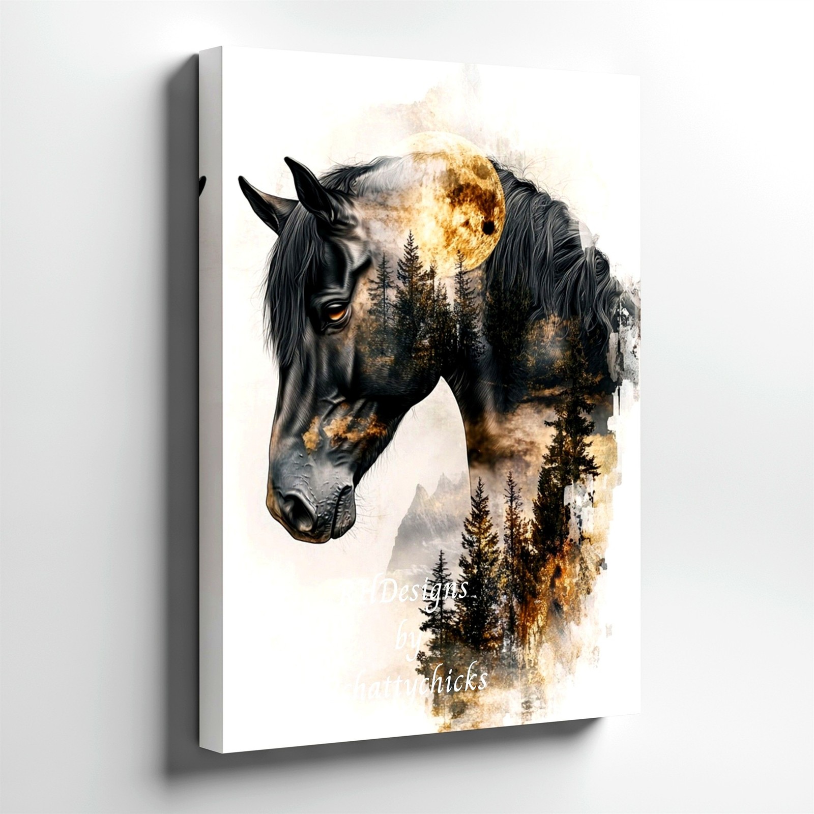 Wall Art Black Horse Forest Moon Portrait Fantasy Animal Canvas Print Decor
