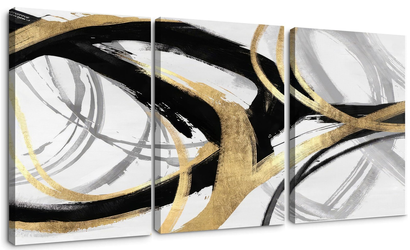 Triptych Black Gold White abstract Lines Canvas Wall Art 16×24 in x3
