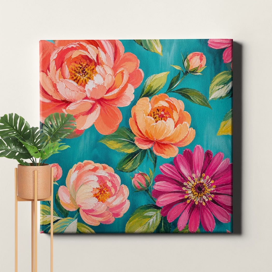 Abstract Floral Art Print Teal Background Painting