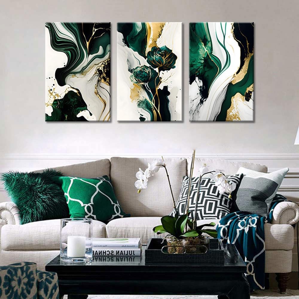 3Pcs Framed Emerald Green Wall Art, Modern Green and Gold Abstract Marble Can…