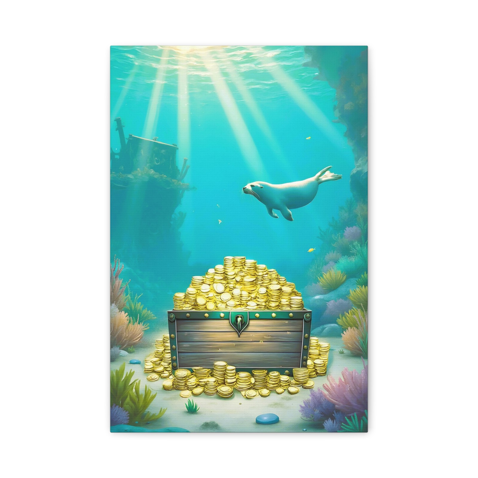 Ocean Adventure Canvas – Treasure Chest, Shipwreck and Swimming Seal