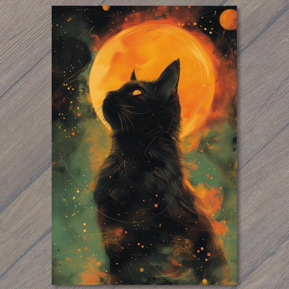 Art Print Cat Black Kitten Colors Bright Vibrant Moon Creepy Weird Howling