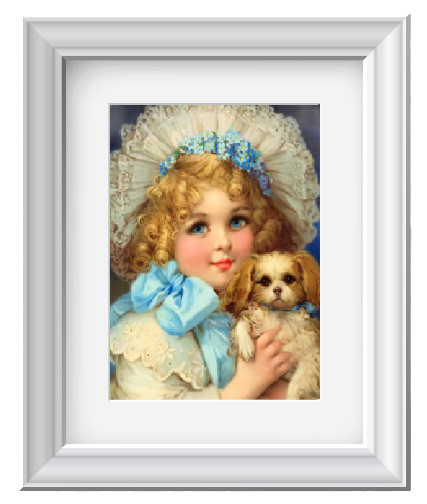 Vintage Image Victorian Girl In Blue Puppy Dog Decor Art Wall Print~Unframed