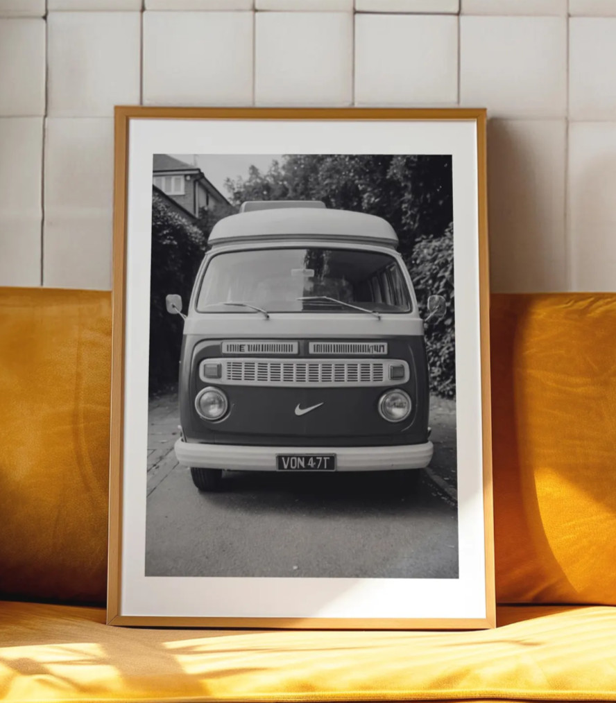 Vintage Black & White Nike Bus Poster, Retro Van Print, Minimalist Surf Decor