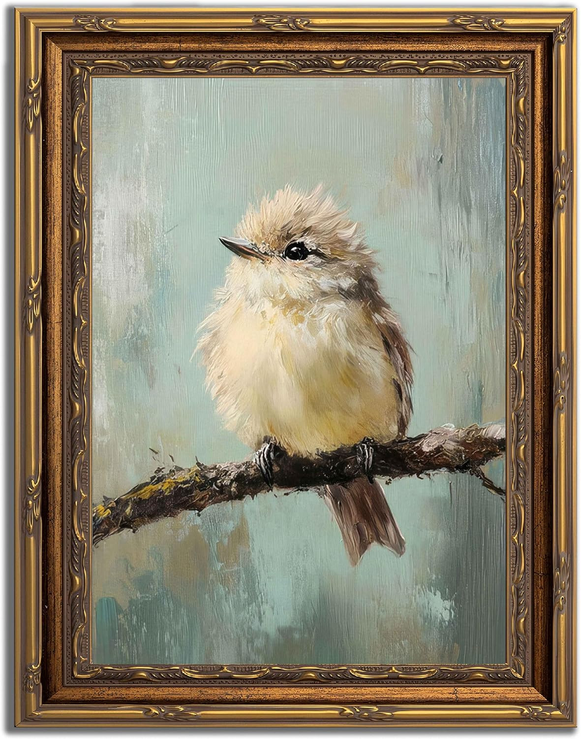 Gold Framed Bird Canvas Wall Art Vintage Bird Beige Sparrow Painting Decor