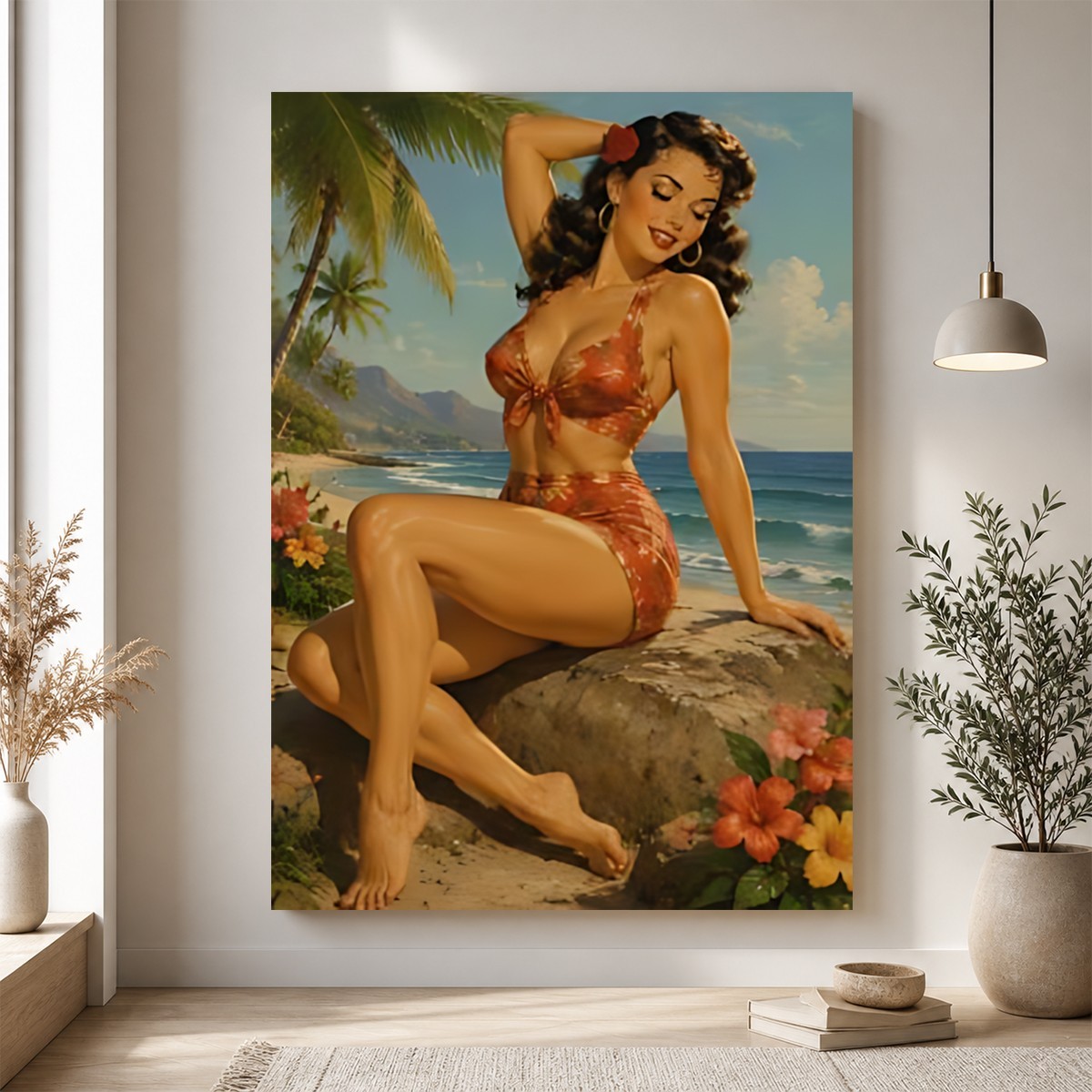 🌺 Tropical Paradise: Vintage Pin-Up Island Girl Canvas Art retro pin-up beach