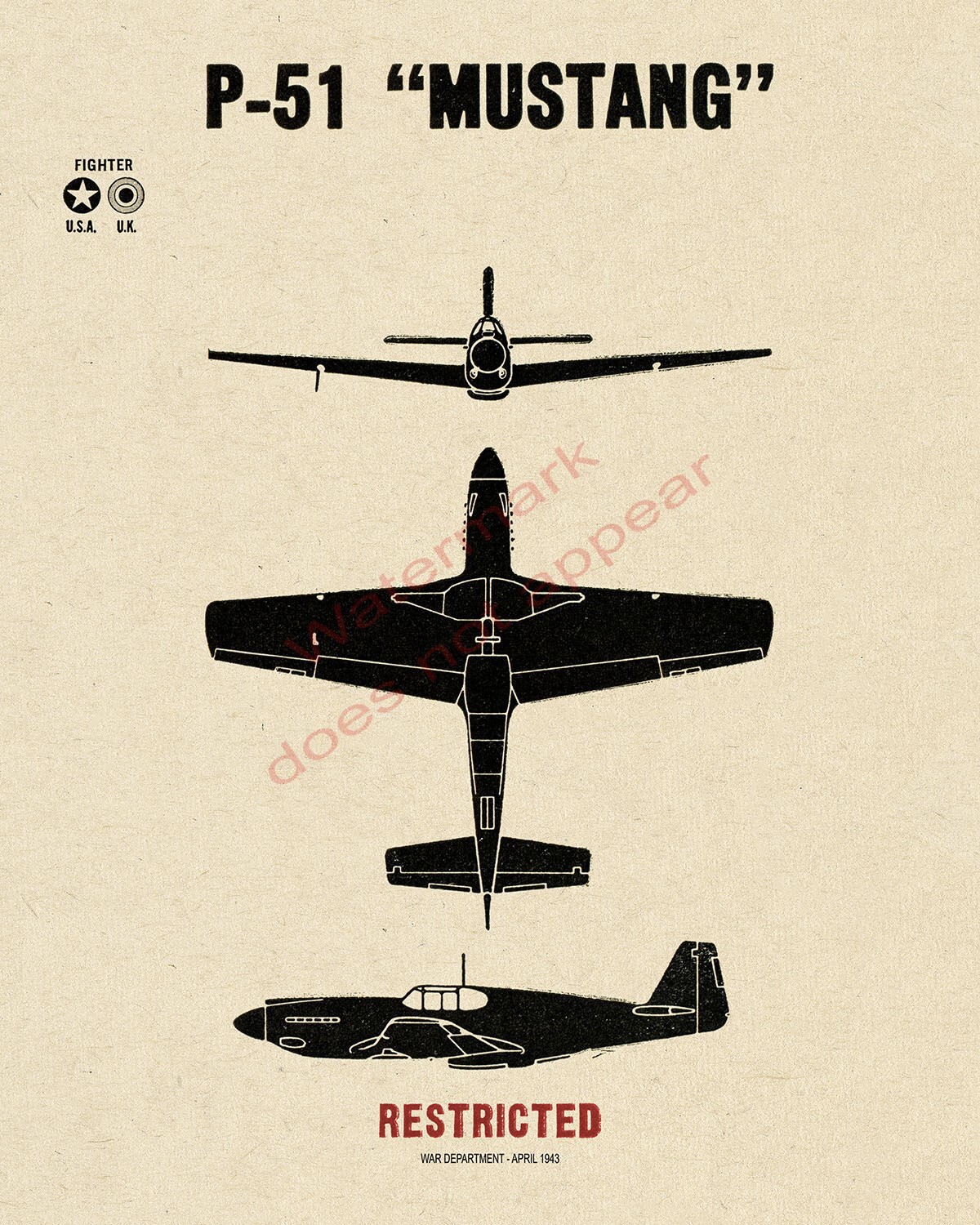WWII USA North American P-51 Mustang Fighter Aircraft Recognition Poster V-1