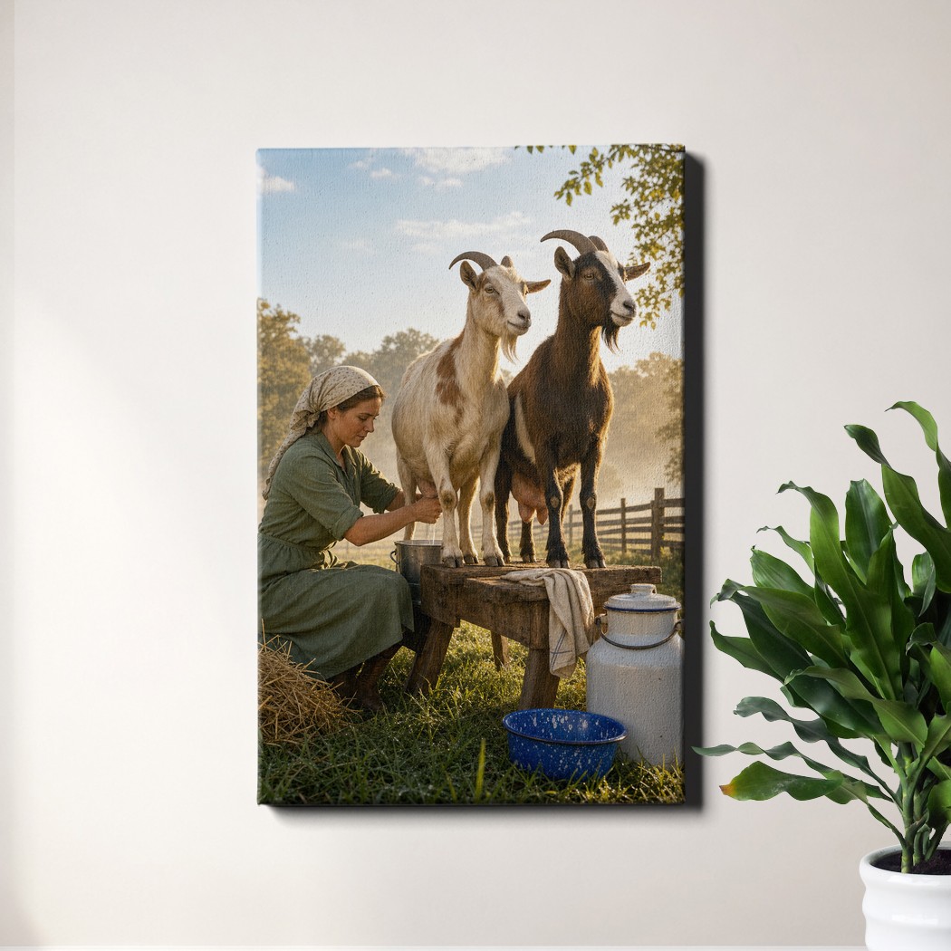 Goat Milking Scene Wall Art Farm Life Pastoral Country Animal Art