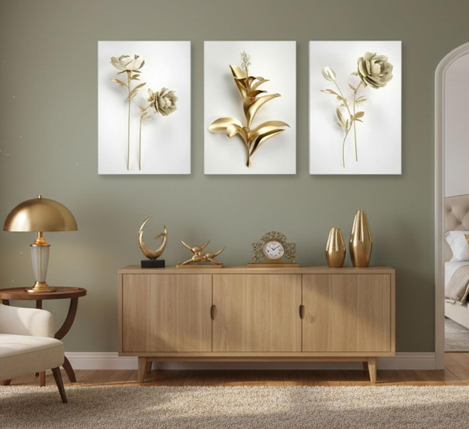 3Pcs Abstract Golden Flower Canvas Art – Modern Nordic Wall Decor Set