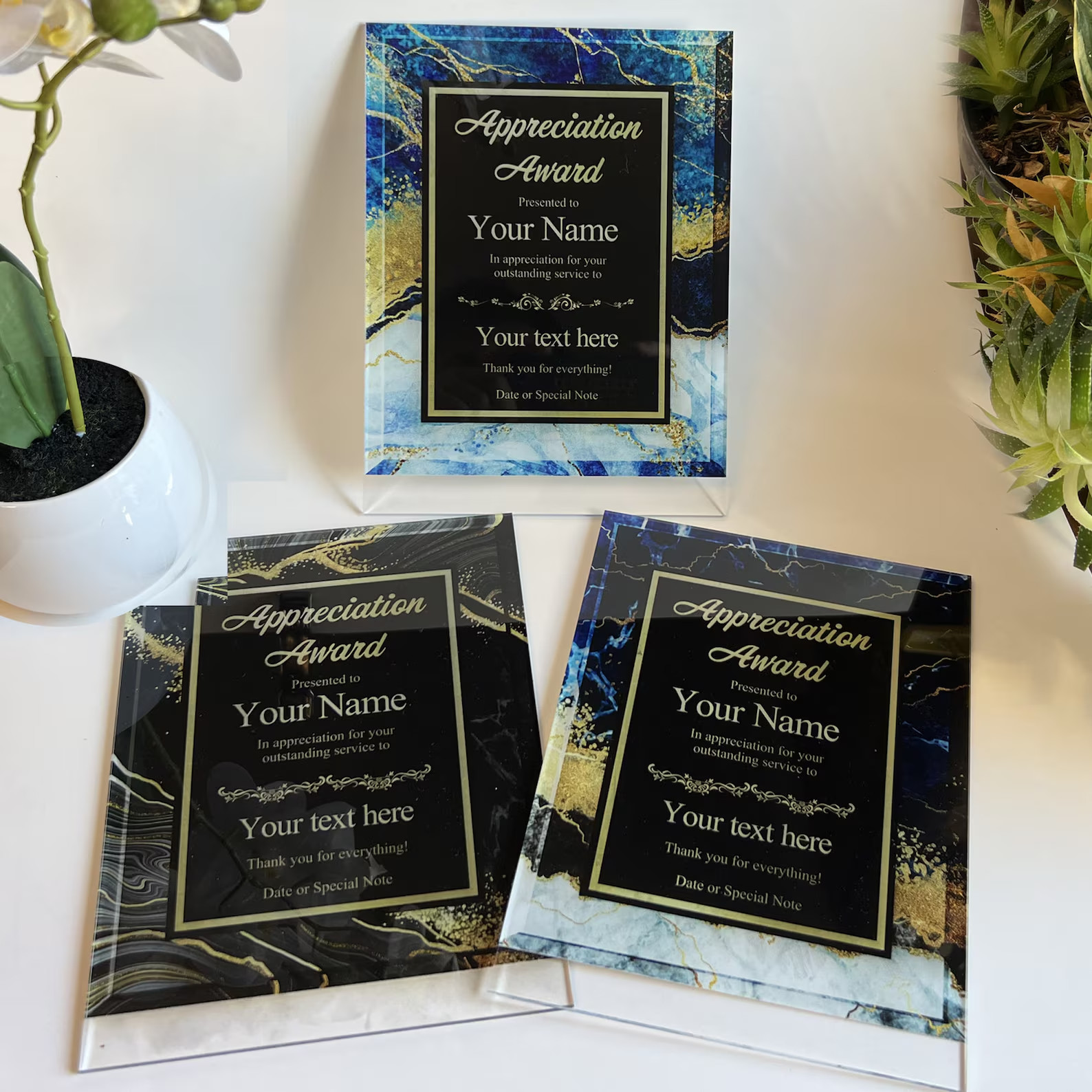 Custom Acrylic Award Trophy – Personalized Plaque with Text & Marble Design
