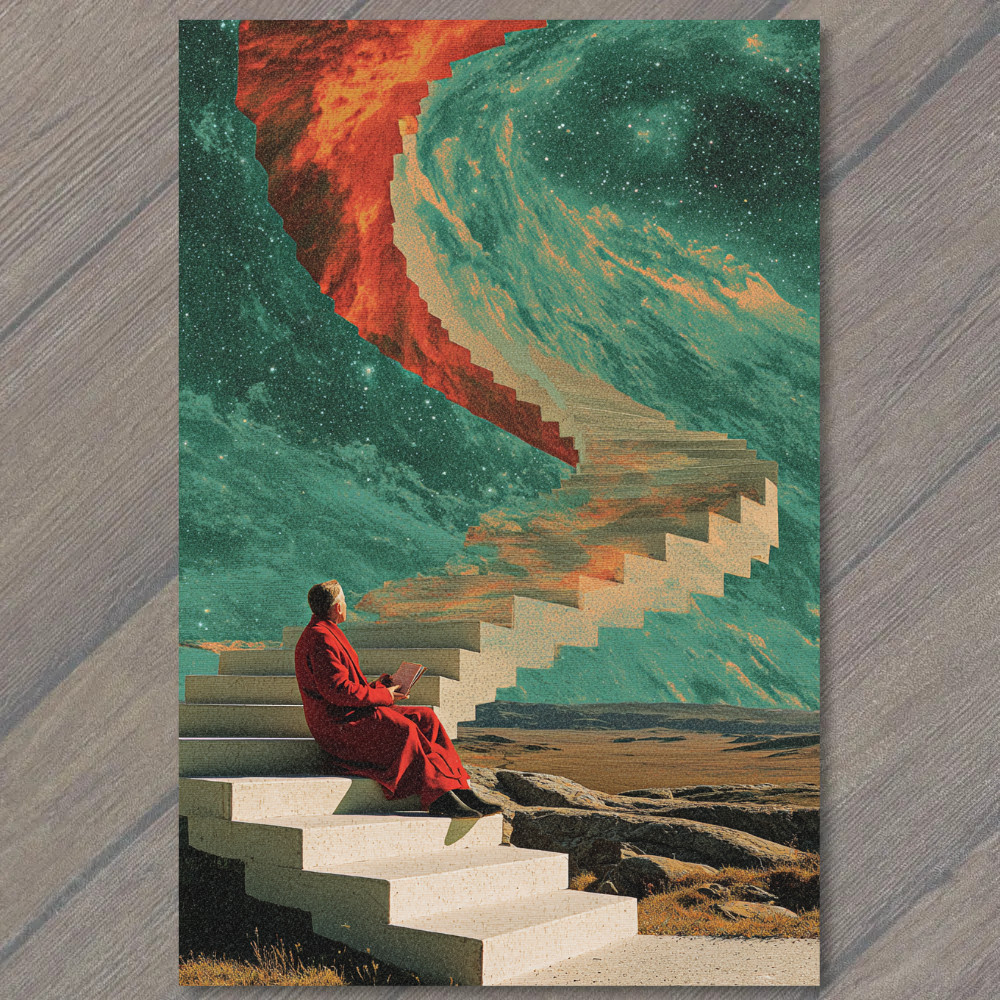 Art Print Cosmic Stairway Monk Galaxy Sky Surreal Stairs Universe Pathway Dream