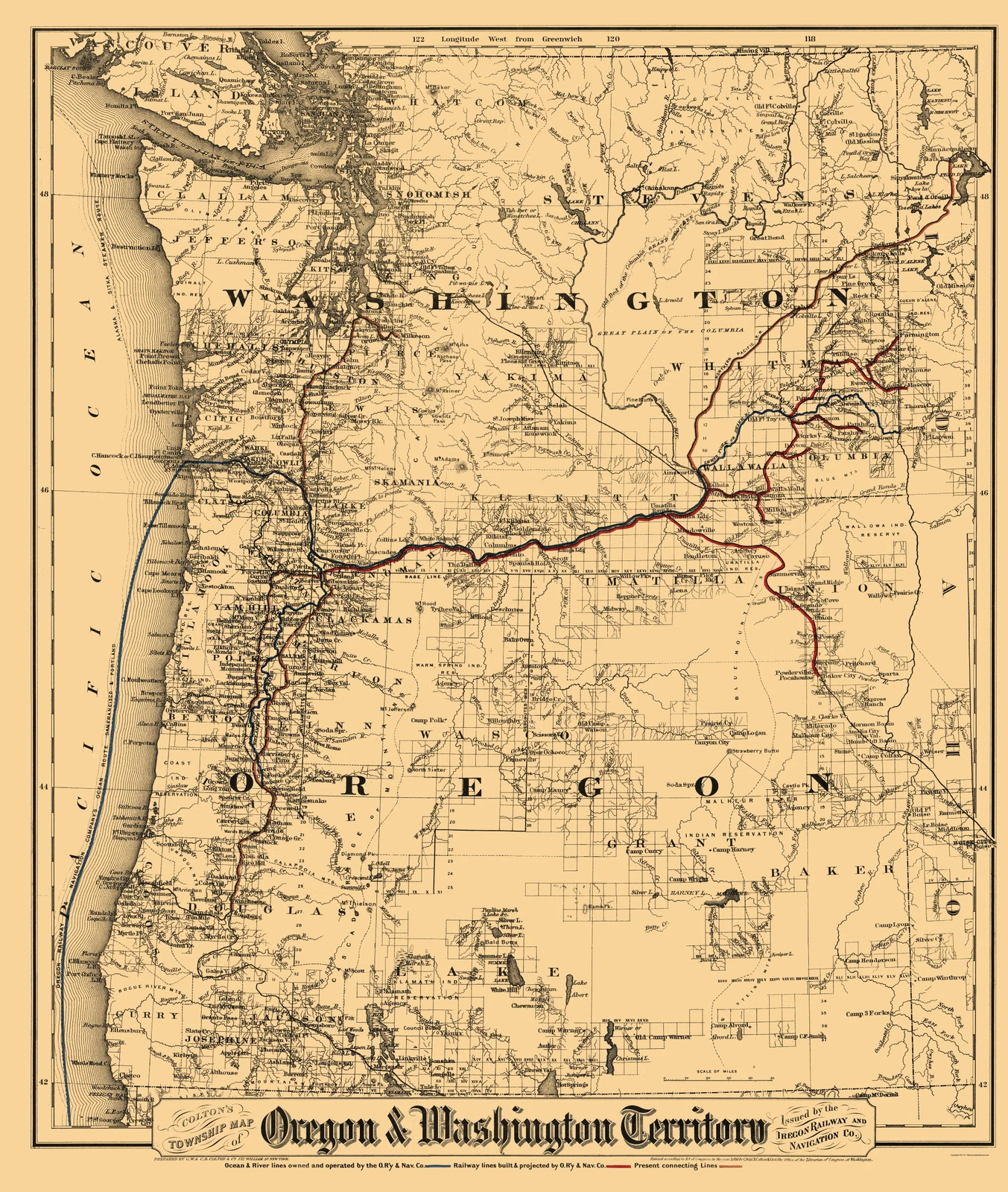 Historic State Map – Oregon Washington – Colton 1880 – Vintage Wall Art