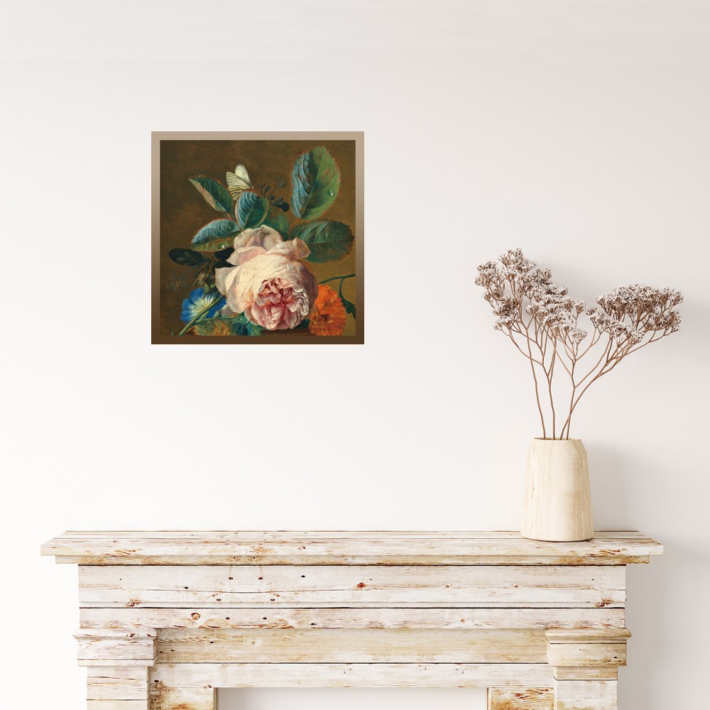 Antique Rose With A Butterfly Vintage Image 8×8 Canvas Art Tile Print
