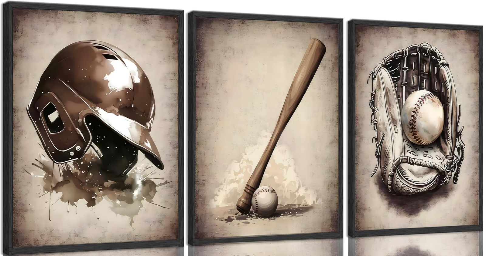 3Pcs Baseball Wall Art Vintage Brown Baseball Theme Painting Picture Wall Dec…