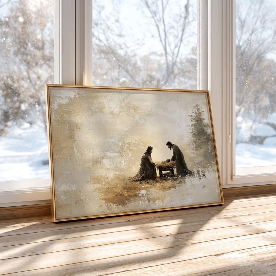 Nativity Mary Joseph Baby Jesus Canvas Art | Earthy Christmas Wall Decor