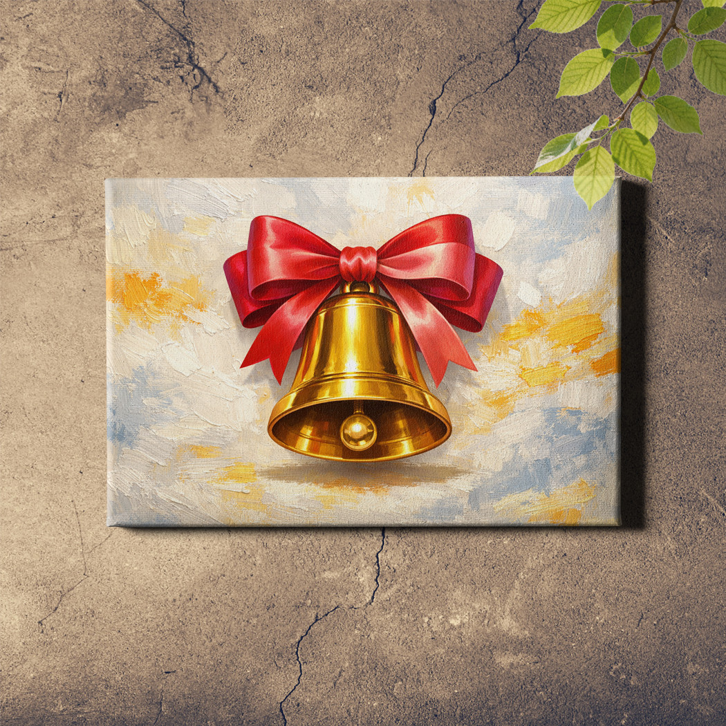 Christmas Bell Painting Golden Brass Satin Bow Framed Wall Art 18x12inch