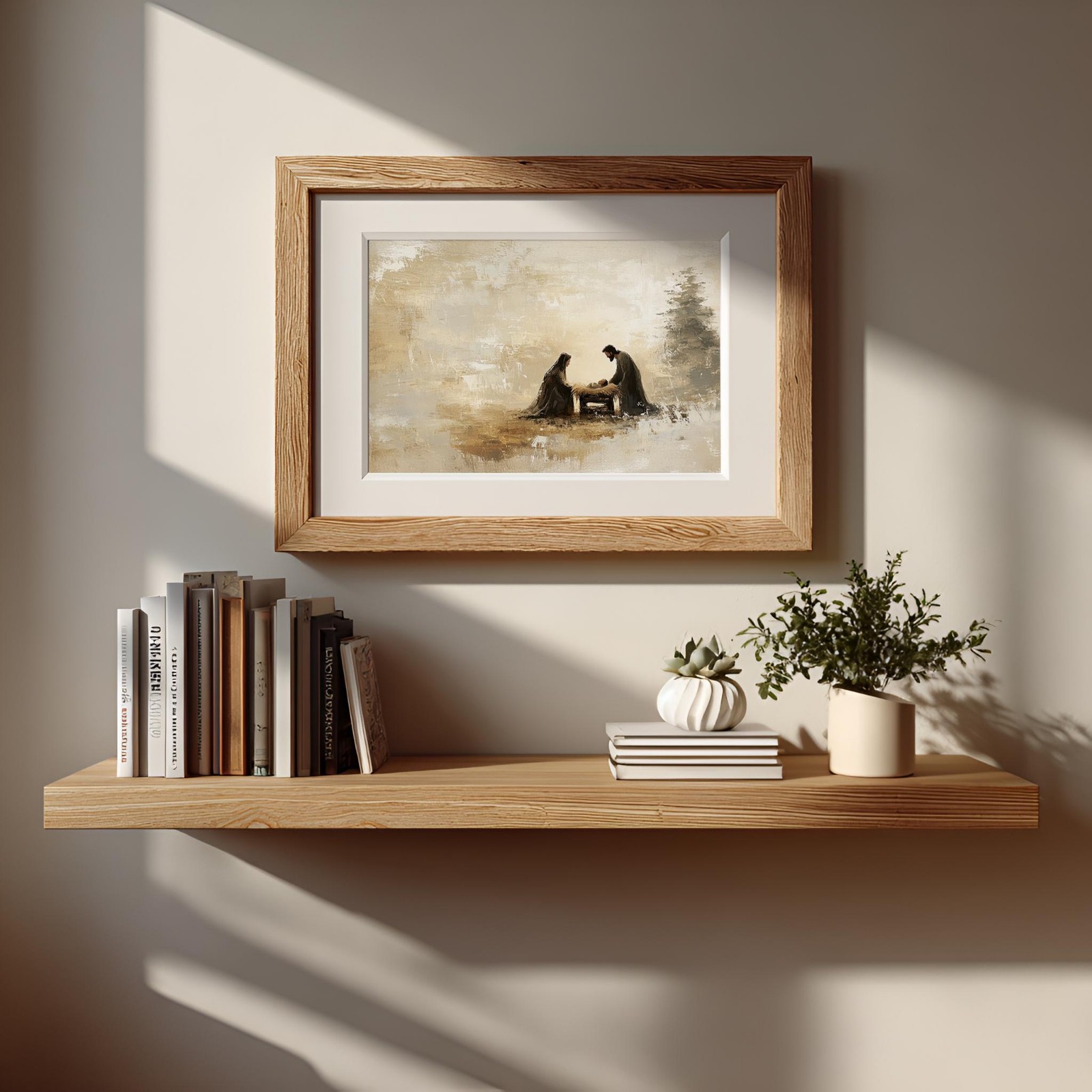 Nativity Mary Joseph Baby Jesus Canvas Art | Earthy Christmas Wall Decor