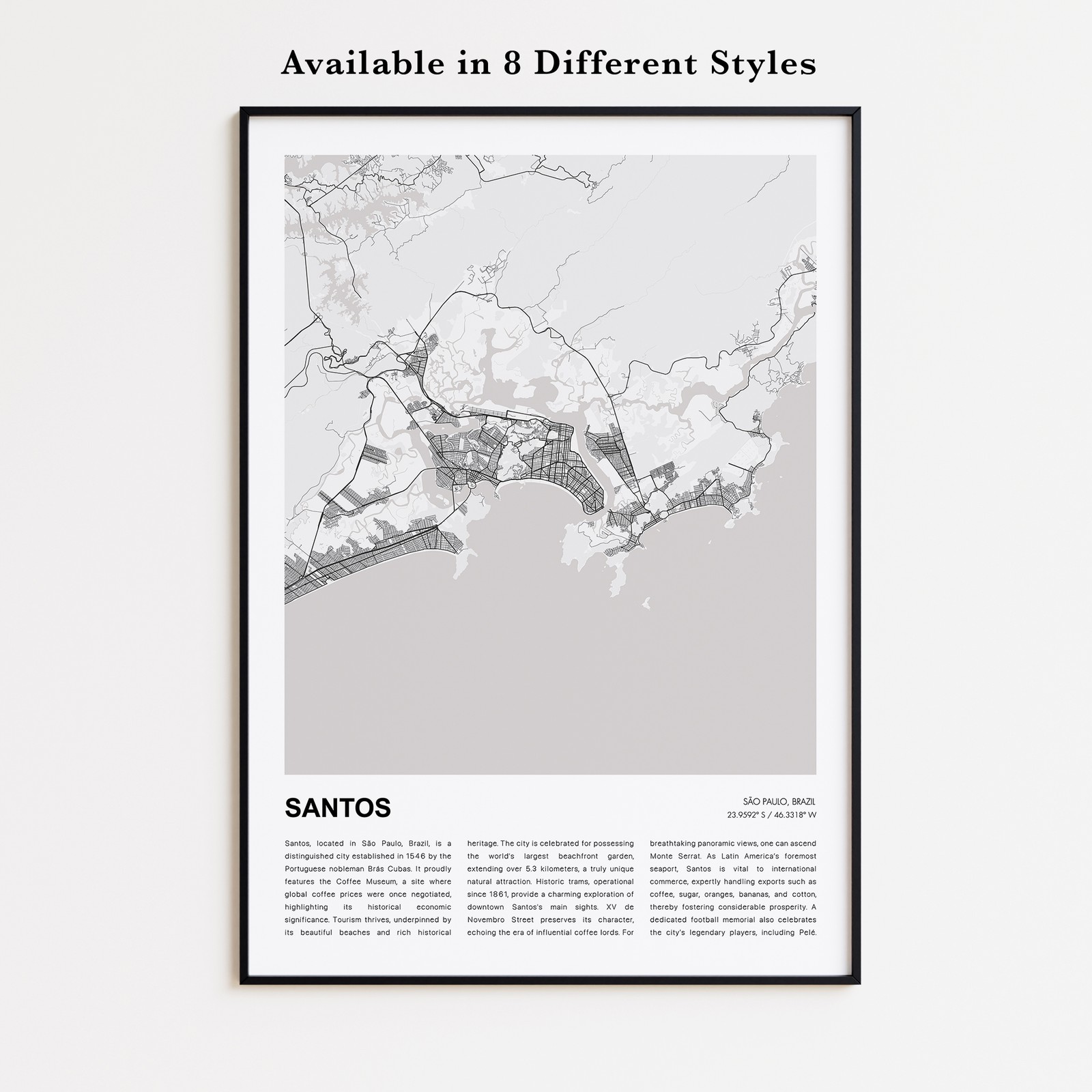 Santos City Map Print, São Paulo Travel Poster, Modern Map, Wall Decor Art