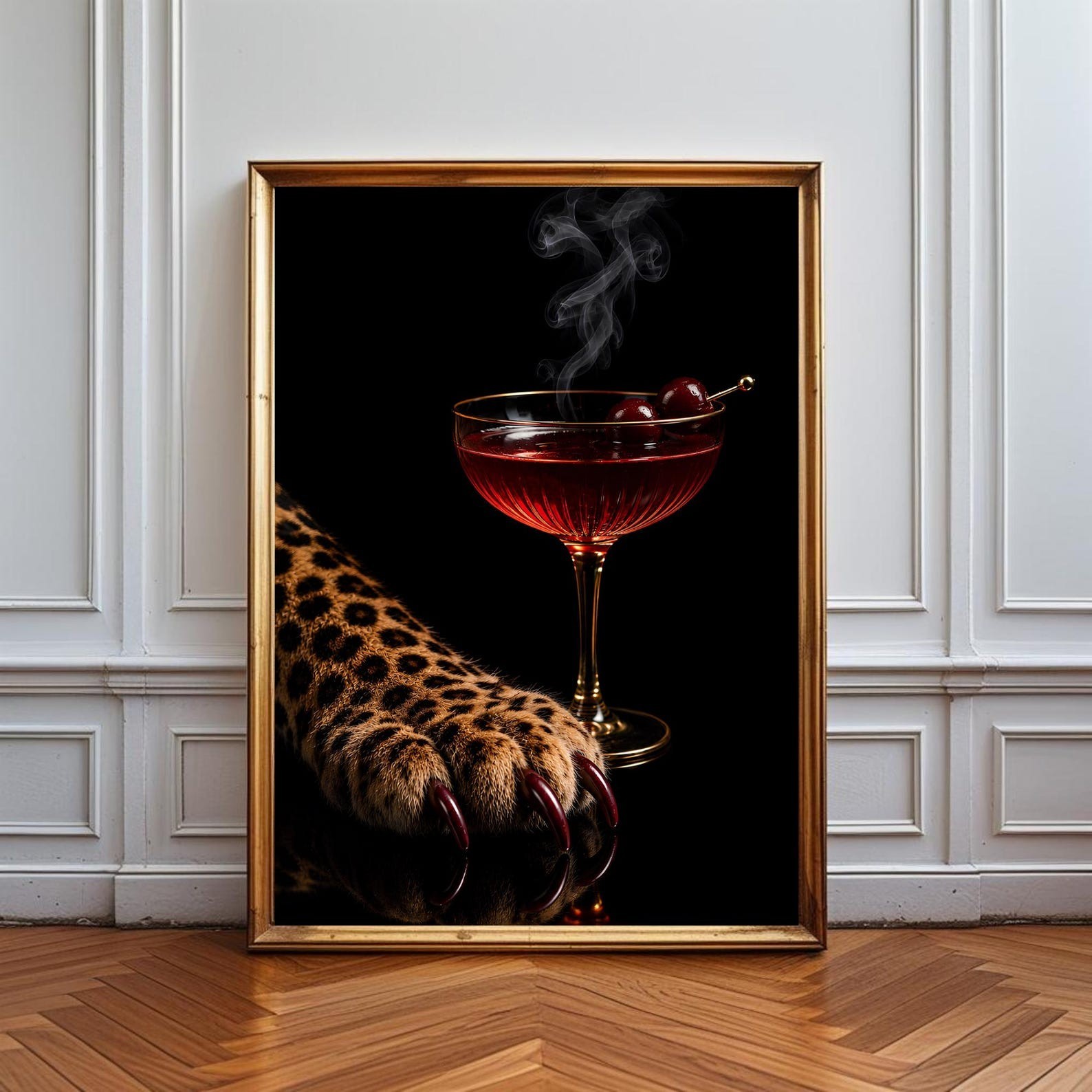 Leopard Poster, Dark Aesthetic Cocktail Wall Art, Luxury Bar Decor