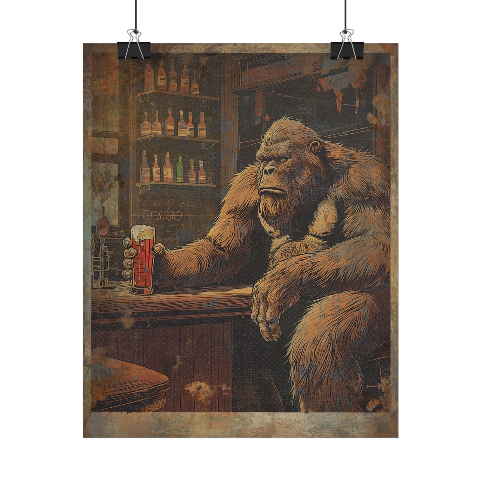 Vintage BIGFOOT BEER Wall Art, SASQUATCH Bar Drink Poster, Cryptid Kitchen Decor