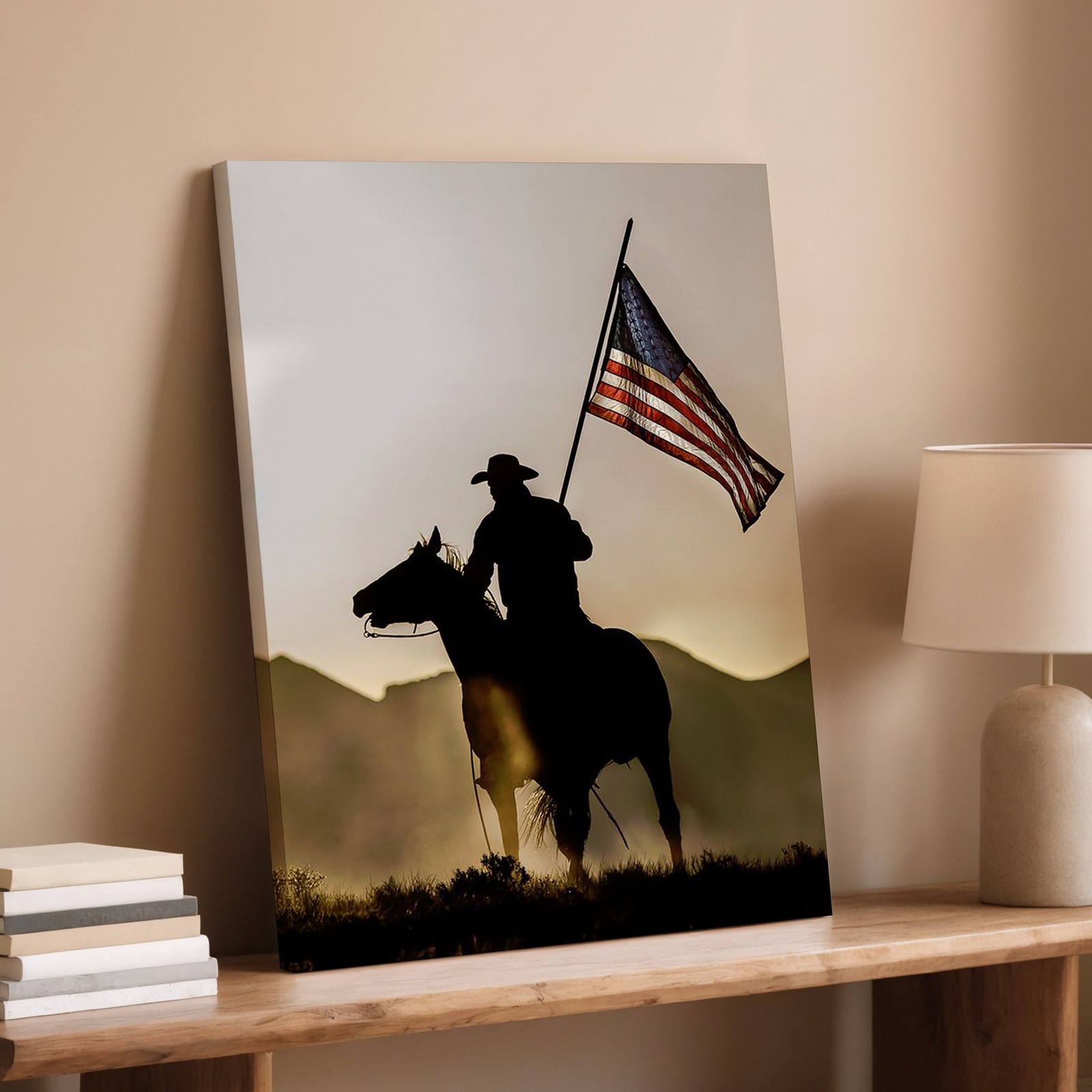 Western Cowboy Silhouette Riding Horse With American Flag Canvas Wall Art Print