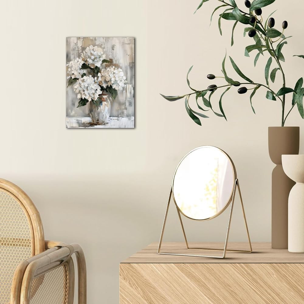 White Hydrangea Bathroom Wall Art Canvas Print 12×15 Inches Retro Farmhouse